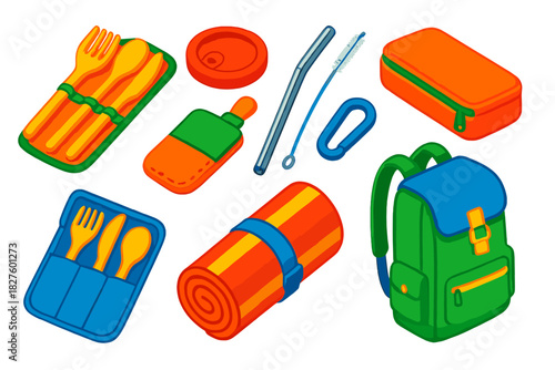 Sustainable Picnic Essentials. Isometric vector illustration set Ethical shopping – bamboo cutlery set, stainless straw, silicone