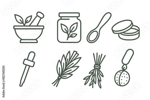 Herbal Craft Icons. Line style icons of Herbal Craft: Medicinal Herb, Preparation Tools, Ancient Remedy, Folk Medicine; Mortar,