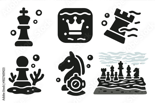 Underwater Chess Icons. Solid style icons of chess pieces underwater: floating king icon, submerged queen badge, drifting rook