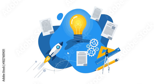 Illustration depicting a bright lightbulb, documents, gears, rocket, and drafting tools, symbolizing ideas and innovation.