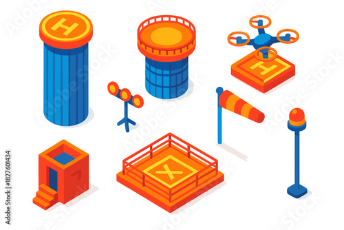 Skyscraper Helipad Icons. Isometric vector illustration set Skyscraper silhouettes – helipad tower, circular deck, approach lights