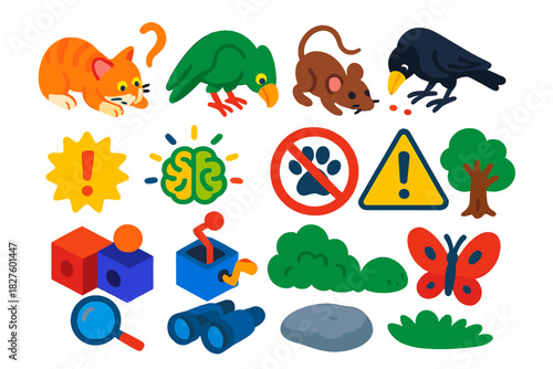 Curious Animal Exploration. Isometric vector illustration set Information-seeking behavior: curious animals exploring, neophilia