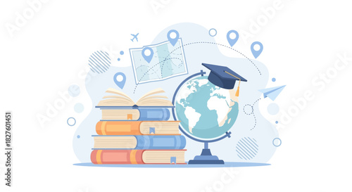 An illustration depicting a globe with a graduation cap, books, and travel-related elements.
