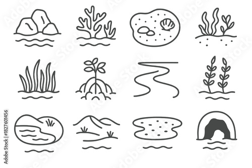 Marine Habitat Icons. Line style icons of marine habitats: rocky shore, coral reef, sandy bottom, tide pool; seagrass bed,