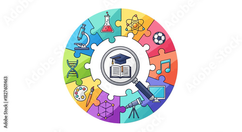 A colorful illustration of a puzzle with education-related icons, symbolizing learning and knowledge.