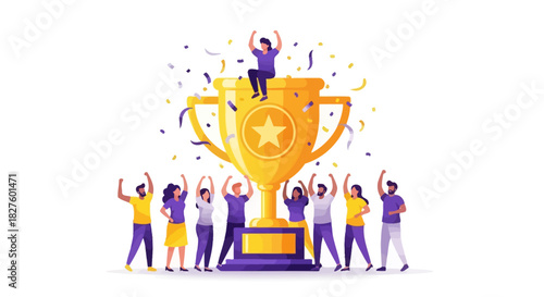 A group of people celebrating a victory, with a large golden trophy and confetti.