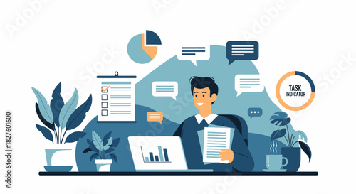 A business professional working on a laptop, surrounded by charts and plants, in a modern office setting.