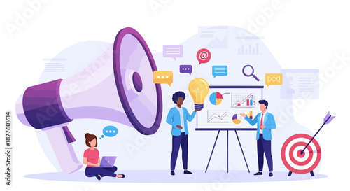 A team of people working together on a marketing strategy with a megaphone and a target.