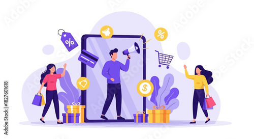 Illustration of a man promoting online shopping with a megaphone, surrounded by shopping-related icons and people.