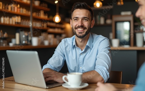 Smiling busy professional business man working on laptop sitting at a coffee shop. High quality