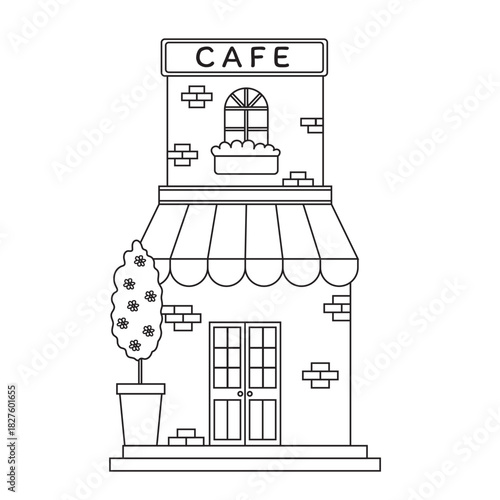 Charming hand drawn vector illustration of a small coffee shop with awning, rooftop sign, windows, and surrounding trees.
