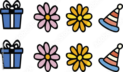 Set of cute cartoon birthday party elements including gifts flowers and hats