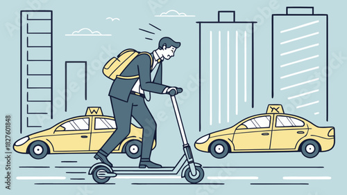 Man riding electric scooter in city commute with taxi cabs and skyscrapers for efficient transportation