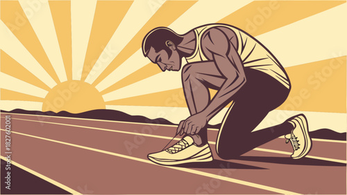 Runner tying shoes illustration for running competition marathon race training and fitness motivation