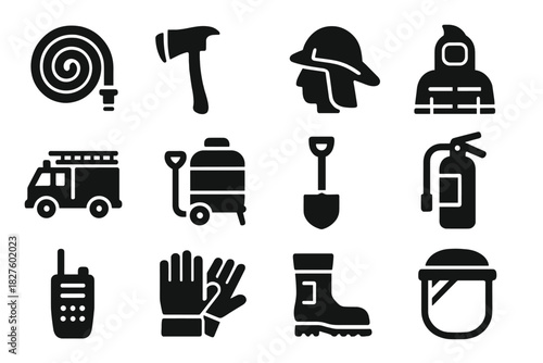 Firefighting Equipment Icons. Solid style icons of Firefighting equipment: fire hose, axe, helmet, flame retardant suit, fire