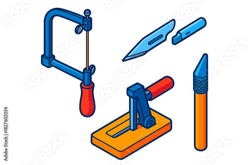 Precision Cutting Tools. Isometric vector illustration set Precision Cutting Instruments: Jeweler’s saw, scalpel blade, veneer