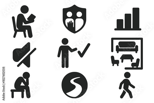 Introvert Retreat Icons. Solid style icons of introvert-friendly retreat features: person alone with book icon, minimal