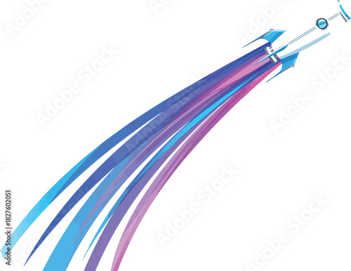 Cartoon rocket ship launching with colorful trails on a white background design