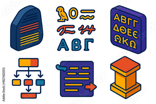 Rosetta Stone Icons. Isometric vector illustration set Rosetta Stone Studies: trilingual tablet icon, hieroglyphic script, Demotic