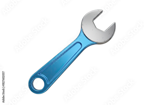 A 3D Rendered Shiny Blue Metal Open Ended Wrench Tool With Silver Accents And A Black Transparent Background For Mechanic And Repair Concepts