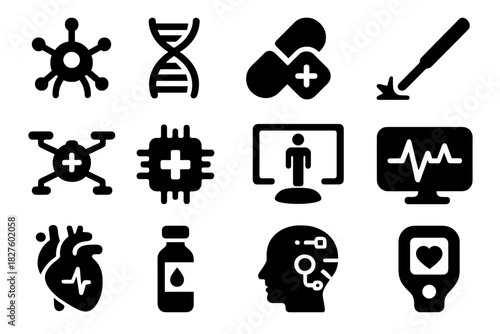 Futuristic Medicine Icons. Solid style icons of Futuristic Medicine: Nanobot, Gene Strand, Healing Capsule, Laser Scalpel, Medical