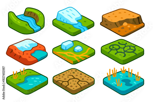 Glacial Retreat Icons. Isometric vector illustration set Glacial Retreat: curved terminal moraine, flowing glacial stream, receded