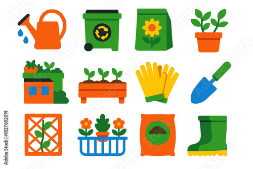 Urban Gardening Icons. Flat vector icons of Urban Gardening: watering can, compost bin, seed packet, potted herb, rooftop planter,