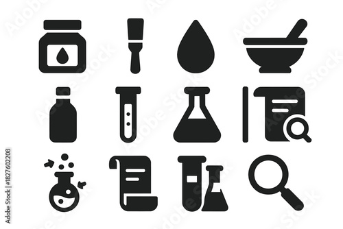 Historical Adhesive Icons. Solid style icons of historical adhesives and chemistry: glue jar, brush, resin drop, mortar, vial,