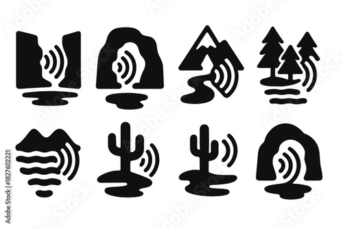 Sonic Landscape Icons. Solid style icons of sonic landscapes: canyon echoes, cavern reverb, mountain harmonics. Forest acoustics,