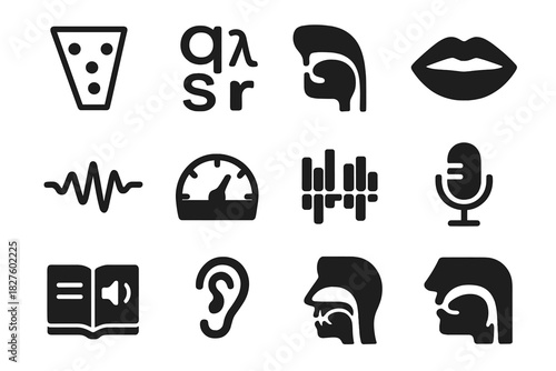 Phonetic Study Icons. Solid style icons of Phonetic study: vowel chart, consonant symbols, tongue diagram, lips outline, sound