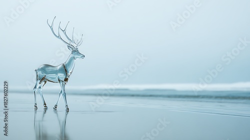 A glass deer sculpture on the beach 