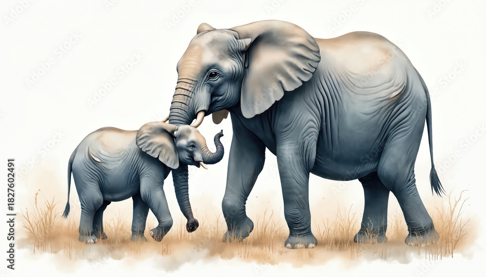 Fototapeta premium Watercolor drawing presents elephant with calf. Mom and baby elephants stand near each other. Gentle tones underline relation, bond. Art illustration is perfect for kids books or cards design.