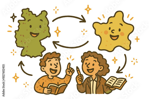 Playful Environmental Critique. Cheerful doodle environmental determinism critique with happy scholars, cartoon maps with faces,