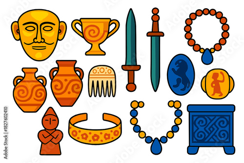 Mycenaean Burial Icons. Flat vector icons of Mycenaean Burial Artifacts: gold mask, ceremonial cup, bronze sword, necklace,