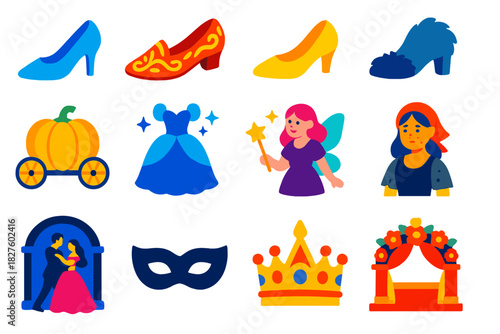 Cinderella Icon Set. Flat vector icons of cultural Cinderella variations: glass slipper, embroidered slipper, golden shoe, fur