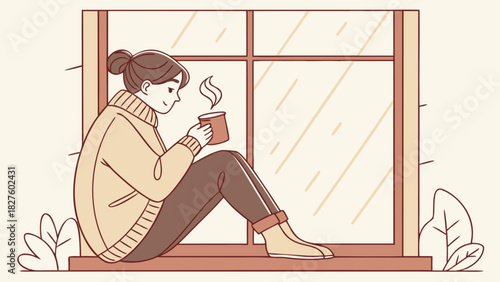Cozy winter scene of woman drinking coffee by window illustration vector graphic design template asset