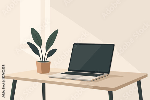 Minimalist Modern Workspace. Minimalist modern workspace with a sleek vector illustration desk, laptop, and potted plant,