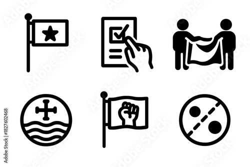 Vexillology Icons Overview. Line style icons of Vexillology: regional independence flag, referendum icon, flag unveiling event,