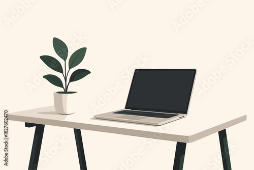 Minimalist Modern Workspace. Minimalist modern workspace with a sleek vector illustration desk, laptop, and potted plant,