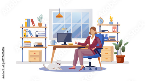 Woman working from home office illustration vector design for remote work and study concept vector art