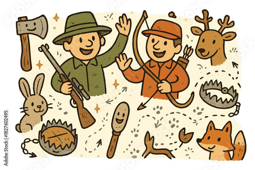 Playful Hunting Scene. Playful doodle traditional hunting knowledge with happy hunters, cartoon tools and traps waving, smiling
