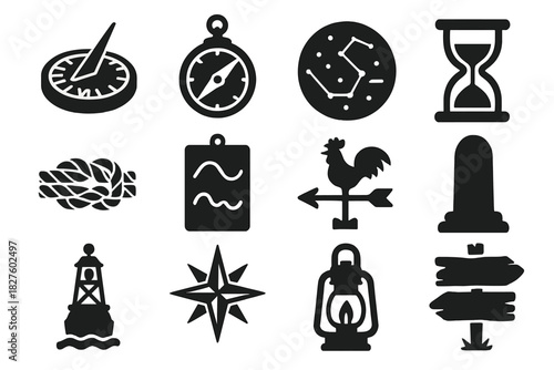 Old Navigation Icons. Solid style icons of Old Navigation: sundial, astrolabe, star map, hourglass, rope knot, tide chart, weather