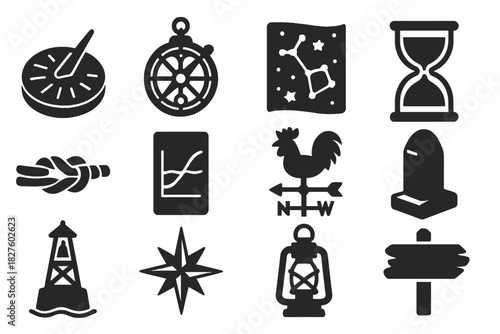 Old Navigation Icons. Solid style icons of Old Navigation: sundial, astrolabe, star map, hourglass, rope knot, tide chart, weather