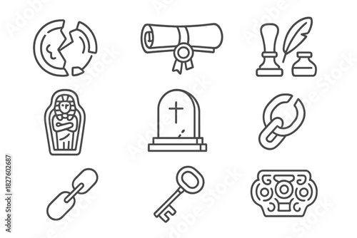 Archaeological Icons Collection. Line style icons of Archaeological Discovery: Broken Seal, Royal Decree, Tomb, Forgotten Lineage;