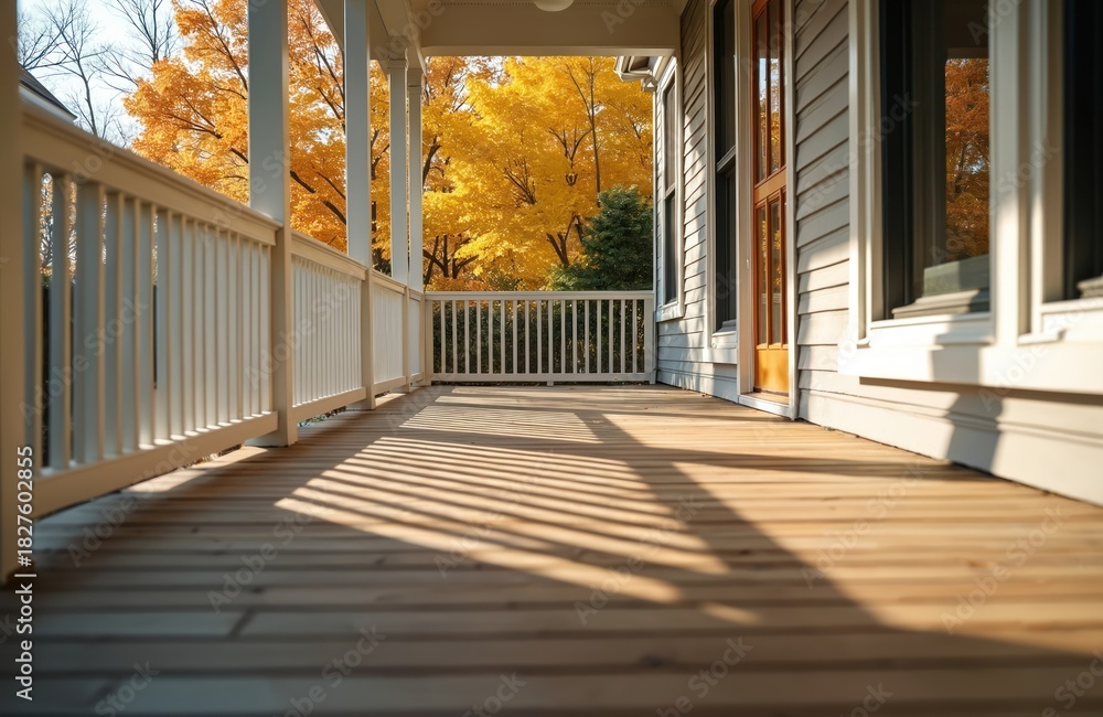 Naklejka premium Exterior view shows empty veranda of country house in autumn. Sunlight falls on wooden floor. Trees with yellow foliage outside. Nobody on patio. Residential architecture concept. Cottage open porch