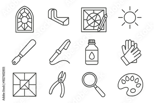 Stained Glass Tools. Line style icons of Light and Color: Stained Glass, Lead Channel, Drawing Draft, Sunbeam; Glass Cutter,