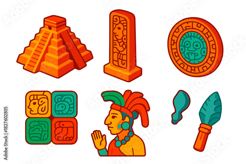 Mayan Culture Icons. Isometric vector illustration set Mayan Glyphs: stepped pyramid, carved stela, glyph block symbols, calendar