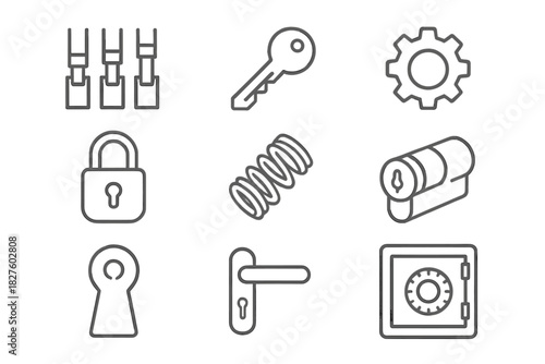 Lock Components Icons. Line style icons of Lock Components: Tumbler, Key, Mechanical System, Security; Padlock, Gear, Spring,