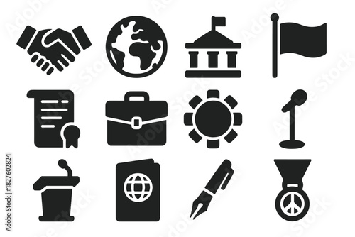 Diplomacy Icons. Solid style icons of Diplomacy in Action: international handshake, world globe, embassy building, national flag,