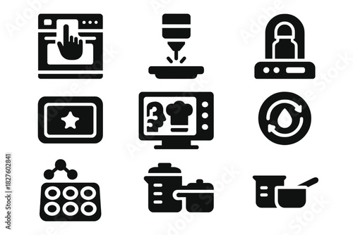 Futuristic Kitchen Icons. Solid style icons of futuristic dry kitchen: touch panel oven, laser dehydration tool, vacuum capsule